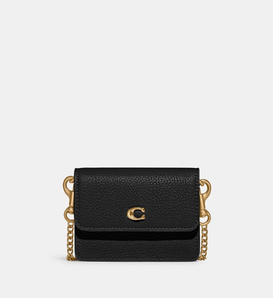 Women Coach Purses | Coach Women'S Refined Calf Leather Card Case With Chain - Black