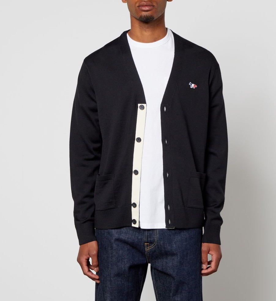 Men Maison Kitsuné Cardigans | Maison Kitsune Tricolour Fox Patch Classic Cardigan - Black