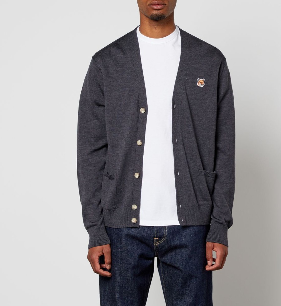 Men Maison Kitsuné Cardigans | Maison Kitsune Men'S Fox Head Patch Classic Cardigan - Anthracite Melange