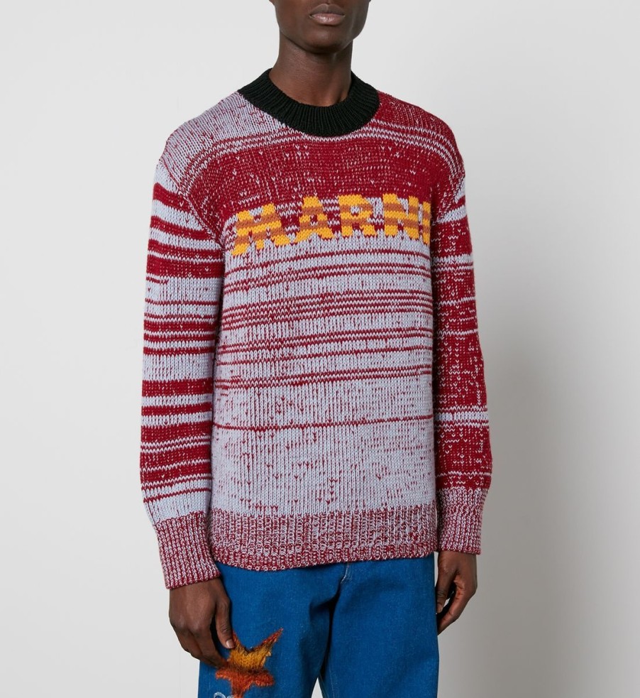 Men Marni Knitwear | Marni Striped Logo Intarsia Virgin Wool Jumper