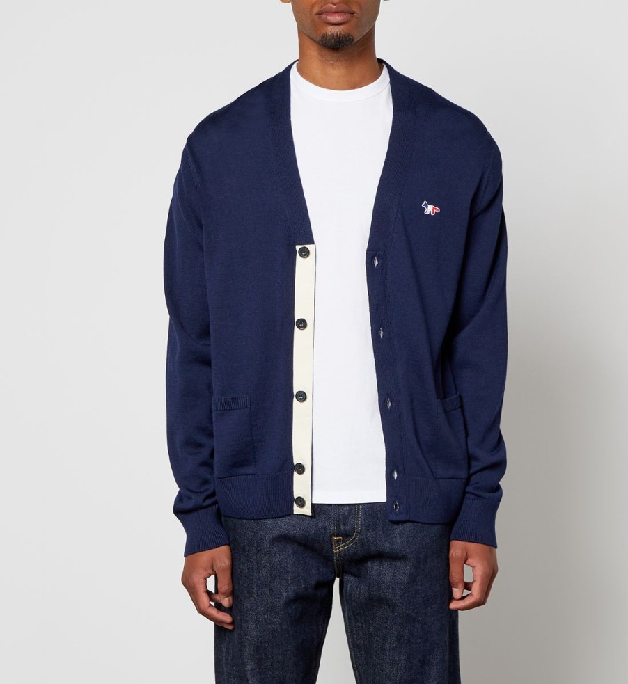 Men Maison Kitsuné Cardigans | Maison Kitsune Tricolour Fox Patch Classic Cardigan - Navy