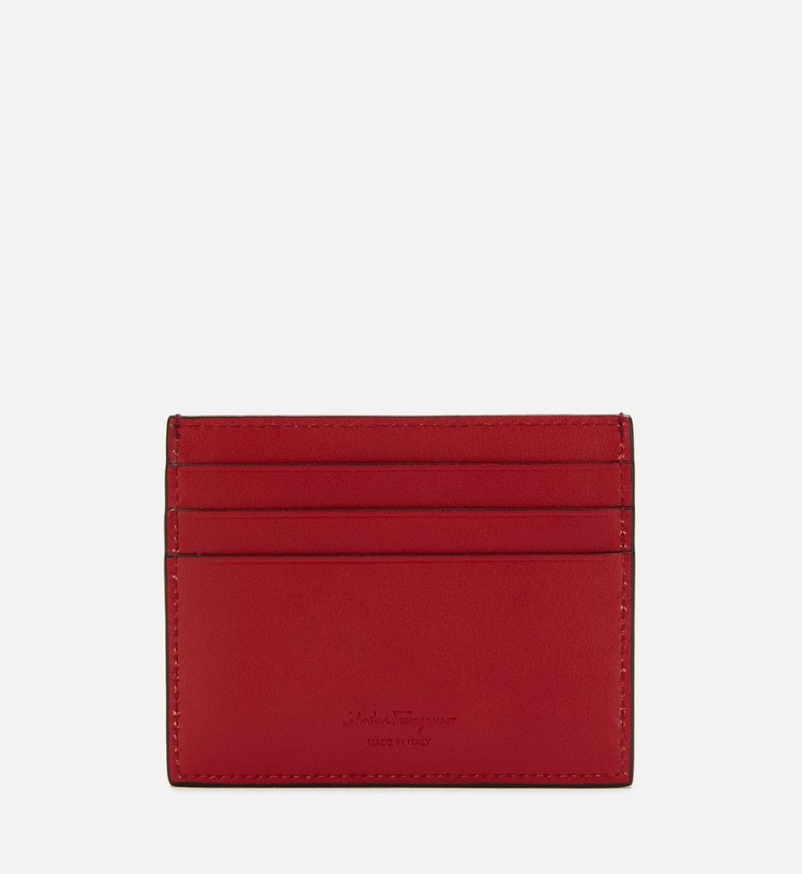 Men Ferragamo Wallets | Ferragamo Men'S Gancini Bicolour Credit Card Holder - Black/Ferragamo Red