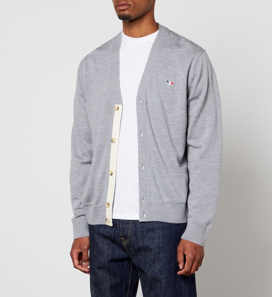 Men Maison Kitsuné Cardigans | Maison Kitsune Tricolour Fox Patch Classic Cardigan - Grey Melange