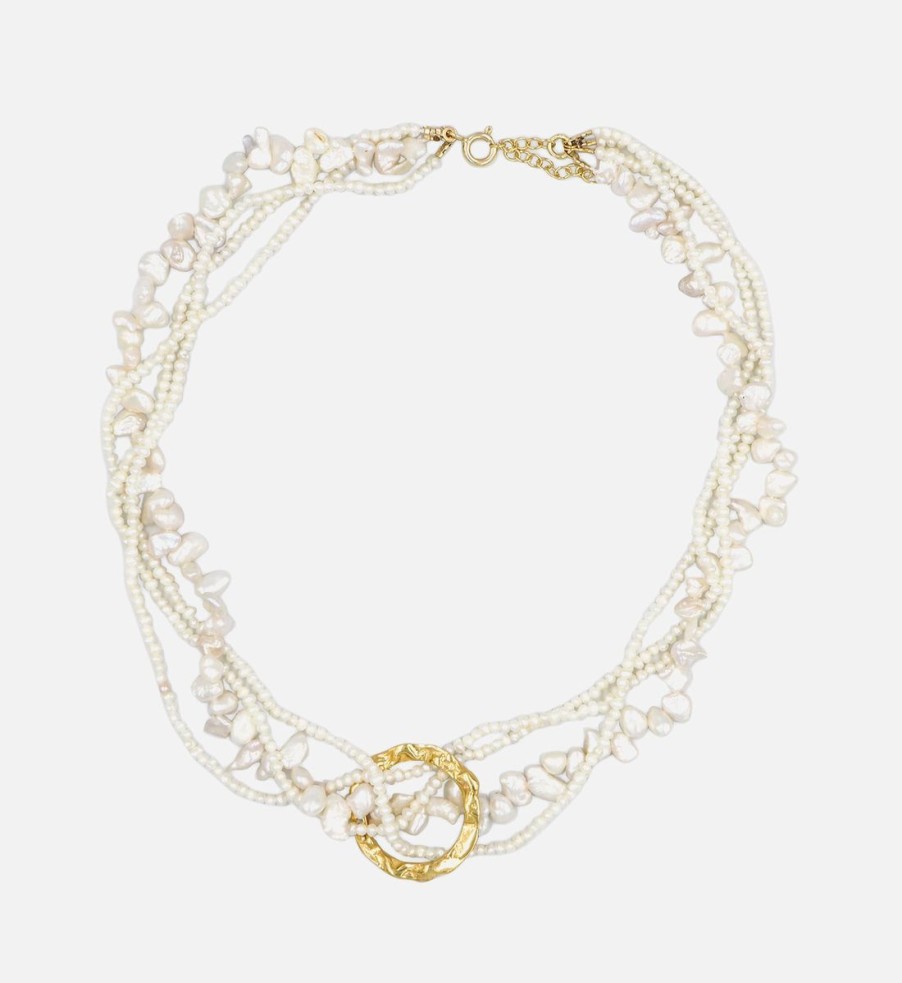 Women Hermina Athens Jewellery | Hermina Athens Women'S Full Moon Tangled Pearl Necklace - Gold