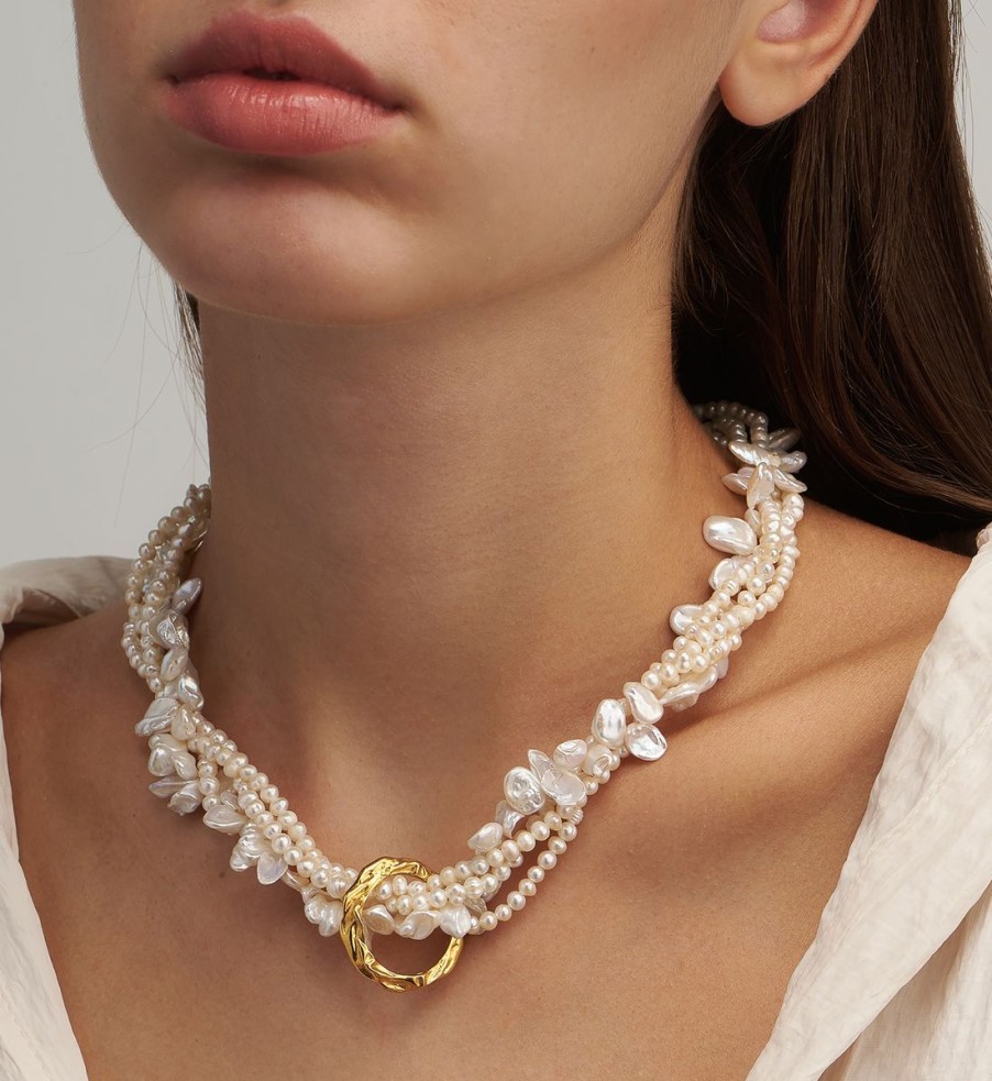 Women Hermina Athens Jewellery | Hermina Athens Women'S Full Moon Tangled Pearl Necklace - Gold