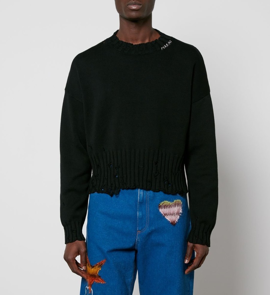 Men Marni Knitwear | Marni Logo-Embroidered Distressed Cotton Jumper