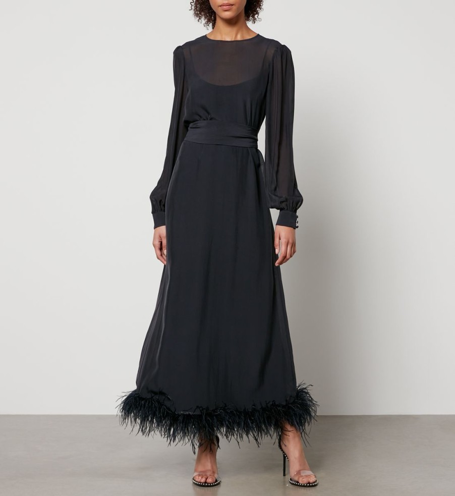 Women RIXO Dresses | Rixo Ellodie Feather-Trimmed Silk-Chiffon Dress