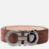 Men Ferragamo Belts | Ferragamo Gancini Suede And Gunmetal Belt