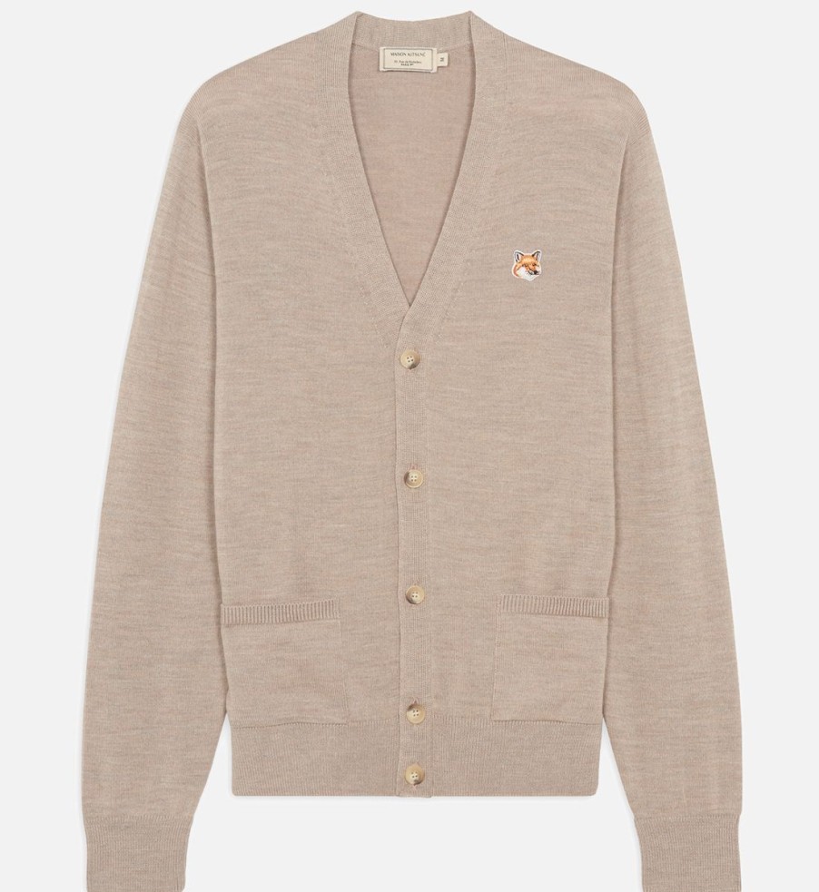 Men Maison Kitsuné Cardigans | Maison Kitsune Men'S Fox Head Patch Cardigan - Beige Melange