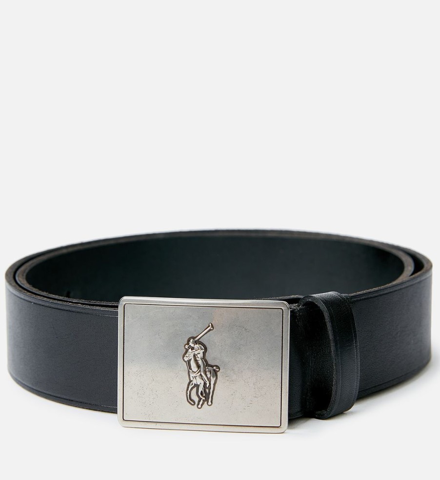 Men Polo Ralph Lauren Belts | Polo Ralph Lauren Men'S 36Mm Plaque Vachetta Belt - Black