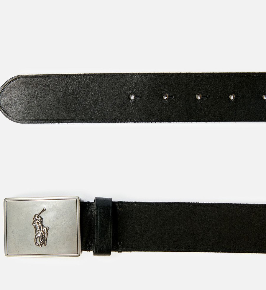 Men Polo Ralph Lauren Belts | Polo Ralph Lauren Men'S 36Mm Plaque Vachetta Belt - Black